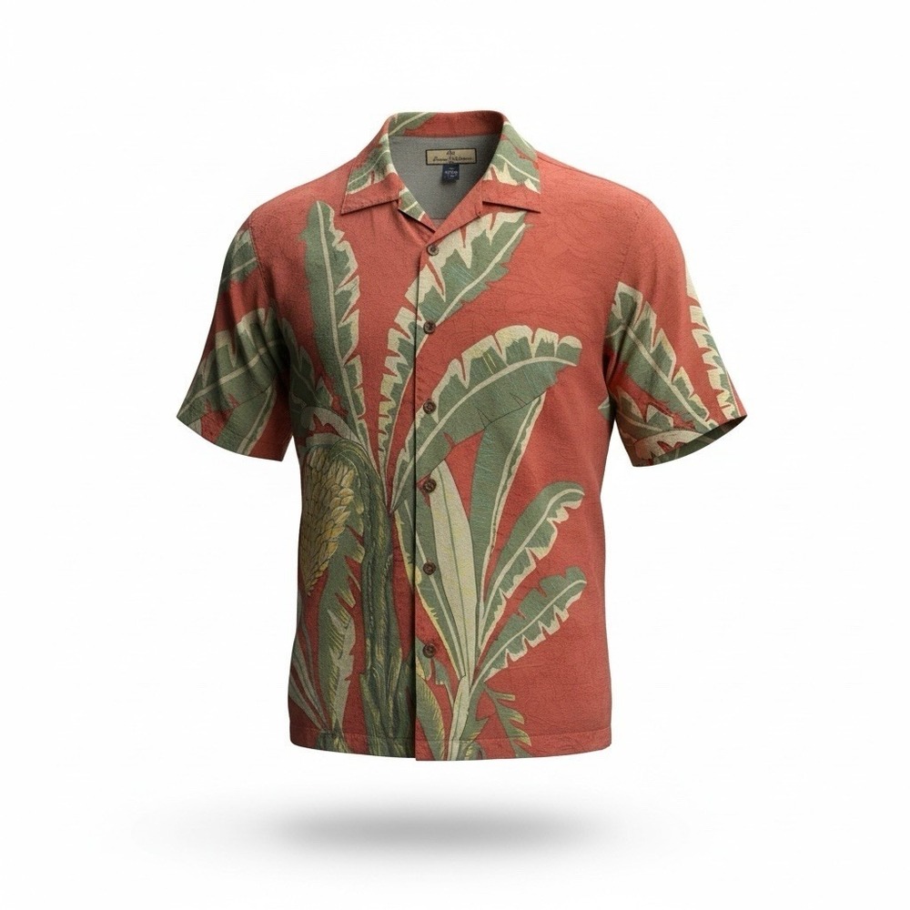 Tommy Bahama 100%Silk Floral Leaf Hawaiian Button Up Camp Shirt Large Salmon Red